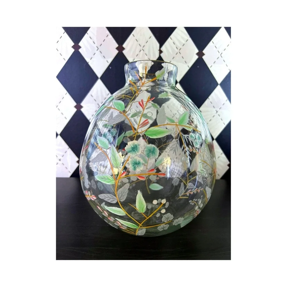 Anthropologie Bella Handpainted Floral Glass Vase Large 9.5 Inch